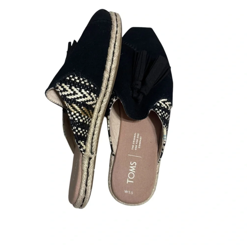 Toms Nova Espadrille Slides Black Suede Tassel Size 5.5 ws1